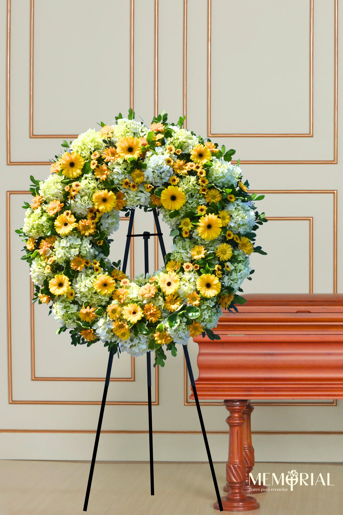 Corona Circular de Condolencias de Margaritas y Gerberas Amarillas