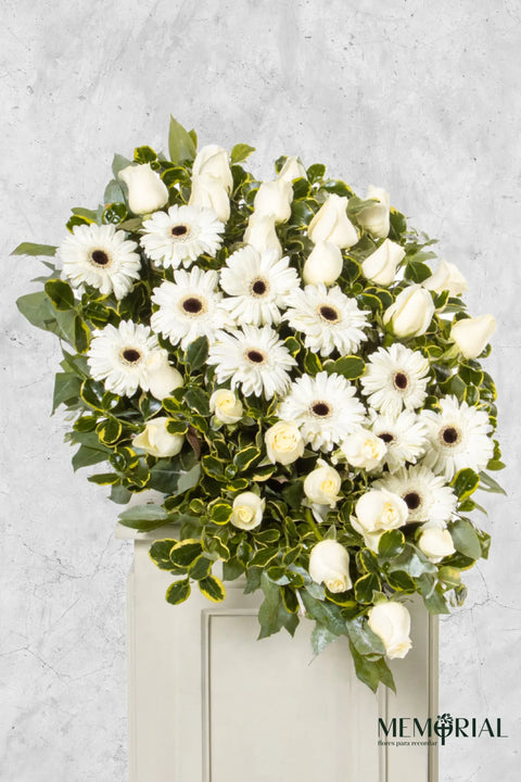 Lágrima de Piso con Rosas Blancas y Gerberas – lágrima fúnebre para funeral en Lima
